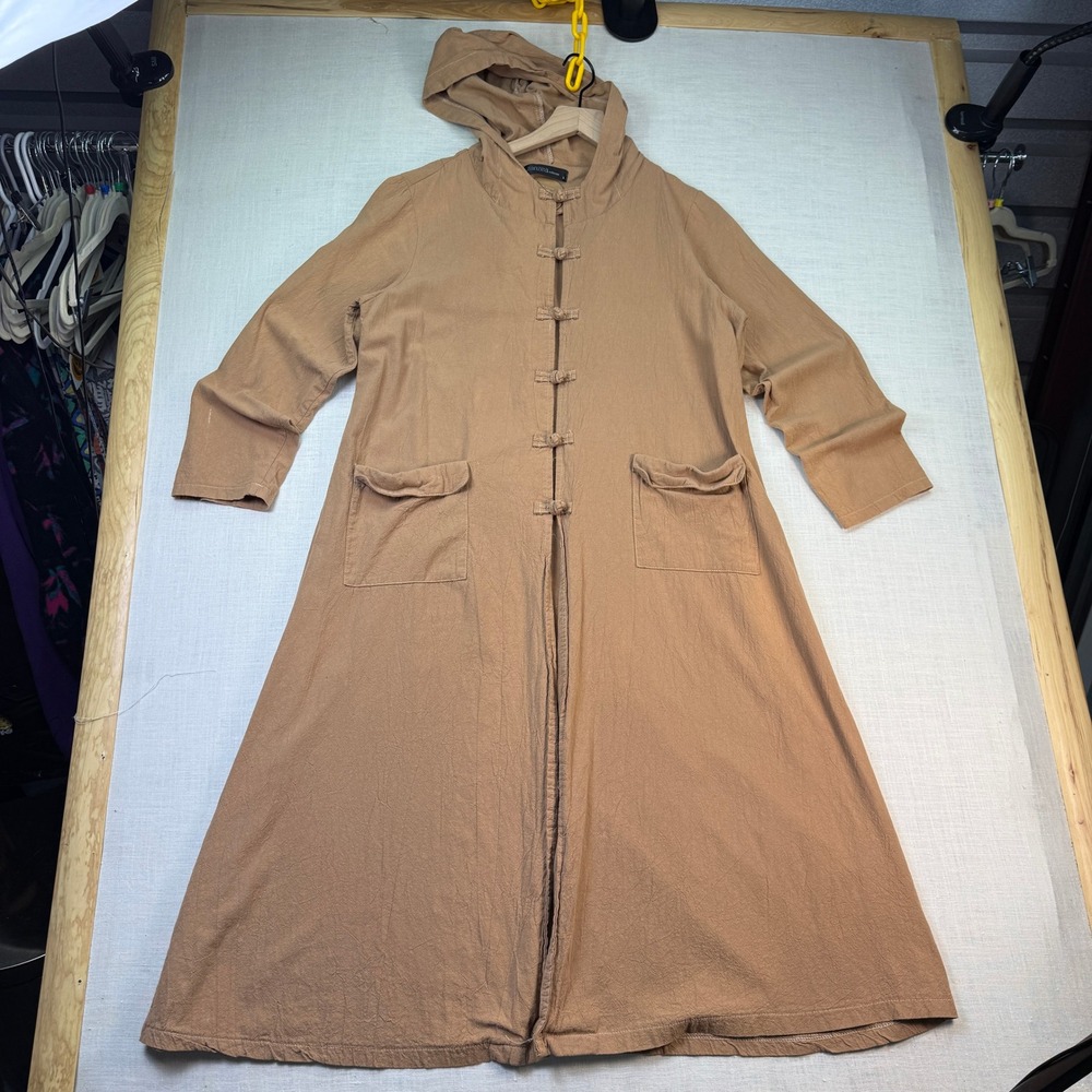 Zanzea Hooded Duster Coat Large Women Tan Frog Button Boho Lagenlook Cotton Cape